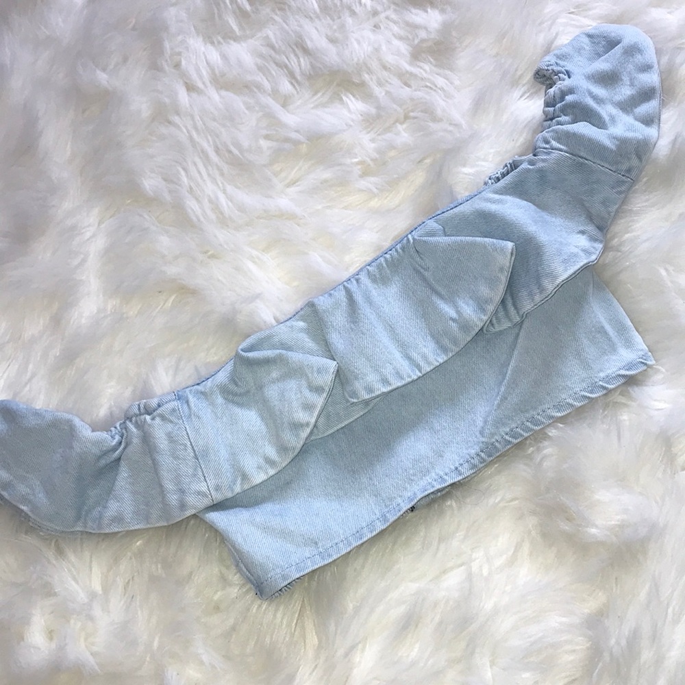 Light-wash jean crop off shoulder top